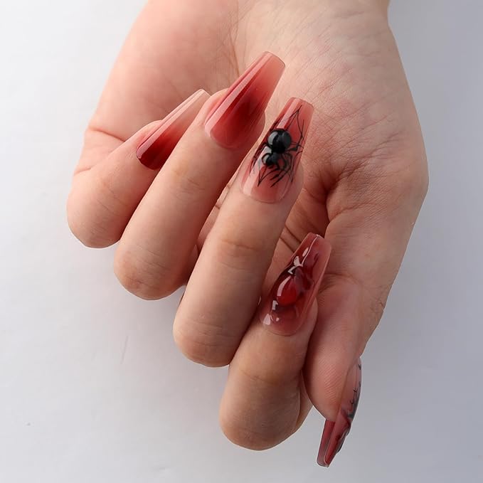 Halloween Coffin Press On Nails Medium Long, Blood Red Ombre Fake Nails with 3D Spider Embellishments, Blood Drip Effect & Haunted Castle Patterns Reusable fall Glue on Nails Kit for Women