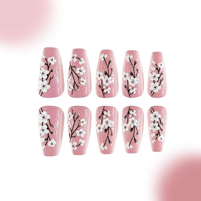 Pink Press on Nails Medium Coffin Fake Nails Sakura Flower Acrylic Nails 3D Floral False Nails Glossy Glue on Nails Stick on Nails Cute Artificial Nails for Women Girls Manicure 24Pcs