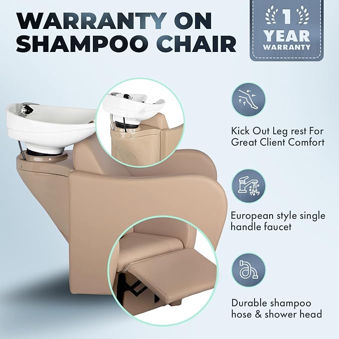 Buy-Rite Lexus Backwash Unit - Professional Salon Shampoo Chair w/Tilting Porcelain Bowl, Wide Seat, Kick-Out Legrest, Single Handle Faucet & Neck Rest – Sand Vinyl w/White Bowl, TS-8018B