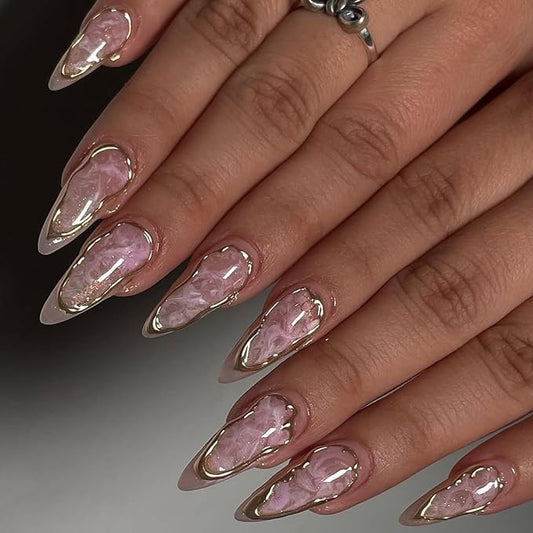 Gold Press on Nails Long Almond Fake Nails with 3D Gold Line Designs Stick on Nails Pink False Nails Glossy Handmade Acrylic Glue On Nail for Women Nail Art Decoration 24Pcs