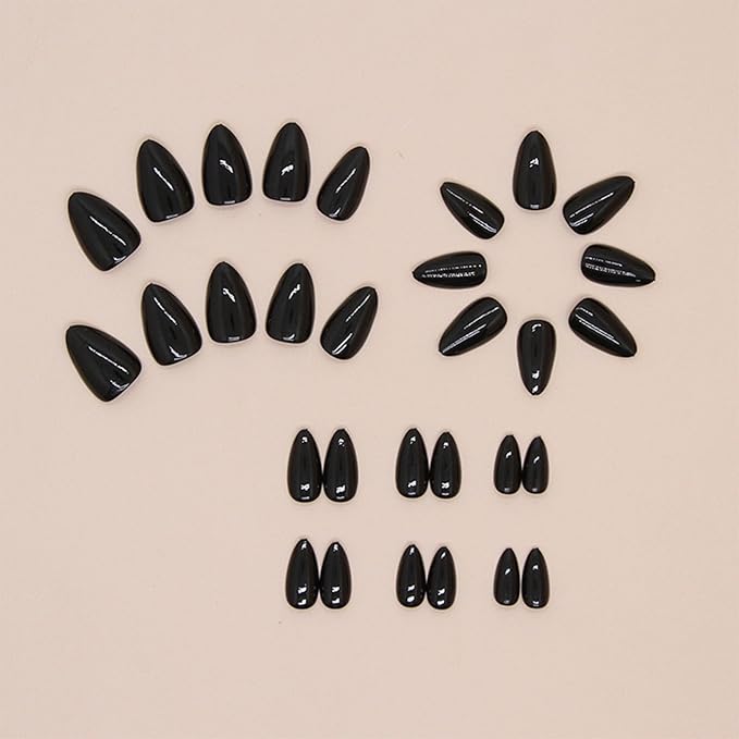 Black Press on Nails Solid Color Short Almond Acrylic Fake Nails Glossy Black Full Cover Glue on Nails Reusable Artificial Stick on Nails for Women and Girls 30 Pcs