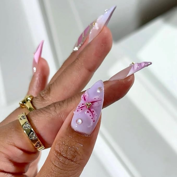 3D Flower Press on Nails Medium Almond Fake Nails with Floral Pearl Designs Purple Pink Acrylic Nail Tips Curve Line Artificial Nail Cute Handmade False Nails Summer Glue on Nail for Women