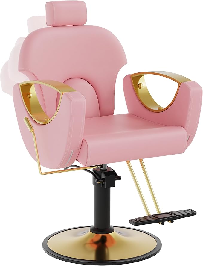 Barber Chair, Reclining Hair Salon Chair, 360 Degrees Swivel Styling Chair, Height Adjustable Hydraulic Shampoo Chairs, Spa Equipment (Pink)