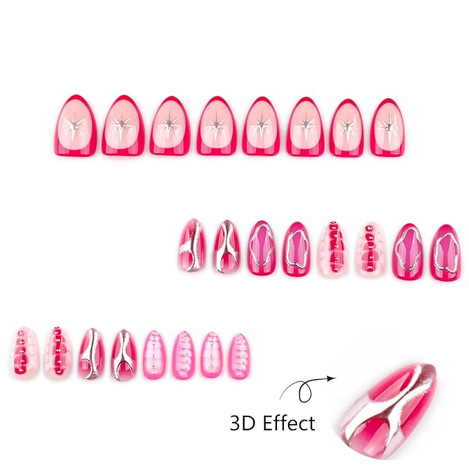Pink Chrome Press On Nails, Glossy Metallic Edge Gel Nails with Abstract 3D Design, Reusable Soft Gel False Nails Set, Trendy Y2K Stick On Nails for Women and Girls