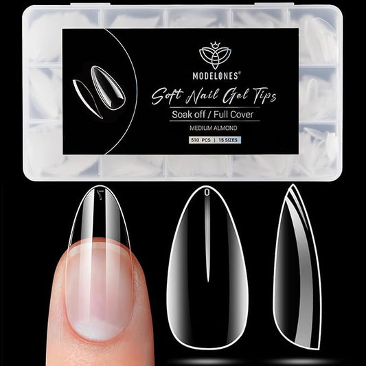 Modelones Medium Almond Nail Tips 510Pcs Clear False Acrylic Almond Press on Nails Pre-shape Full Cover Fake Extension DIY at Home 15 Sizes