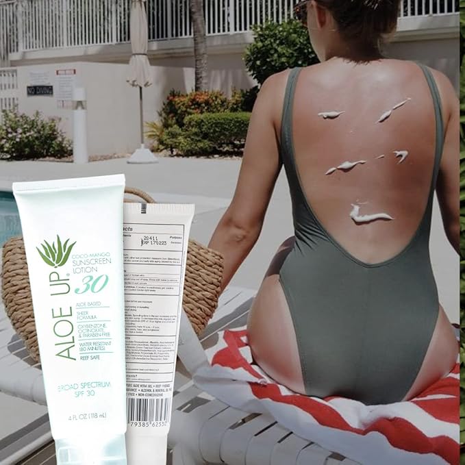Aloe Up White Collection Sunscreen Lotion SPF 30 - Broad Spectrum UVA/UVB Sunblock for Face and Body - With Aloe Vera Gel - Alcohol-Free - Reef-Friendly - Coco-Mango Fragrance - 4 Oz