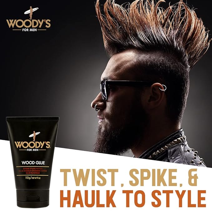 Woody’s Wood Glue Extreme Hold Hair Gel for Men, Long-Lasting Strong Hold, Non-Flaking, High Shine, Styling Gel for All Hair Types 4 oz