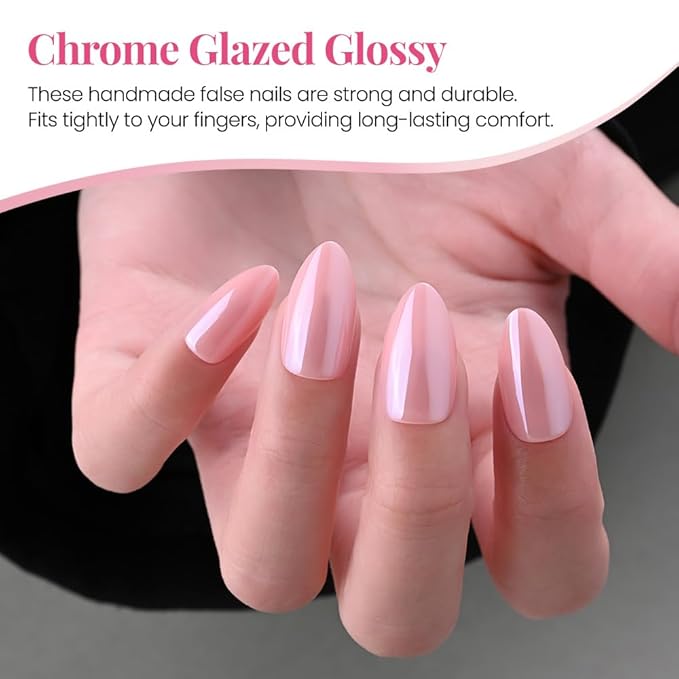 Press on Nails Short Almond - Nude Pink Chrome Glazed Glossy Press on Nail Tips Glue On Nails with Nail Glue for Gift, Reusable Stick On Nails in 15 Sizes 30 Full Cover Acrylic Soft Gel Fake Nails Kit