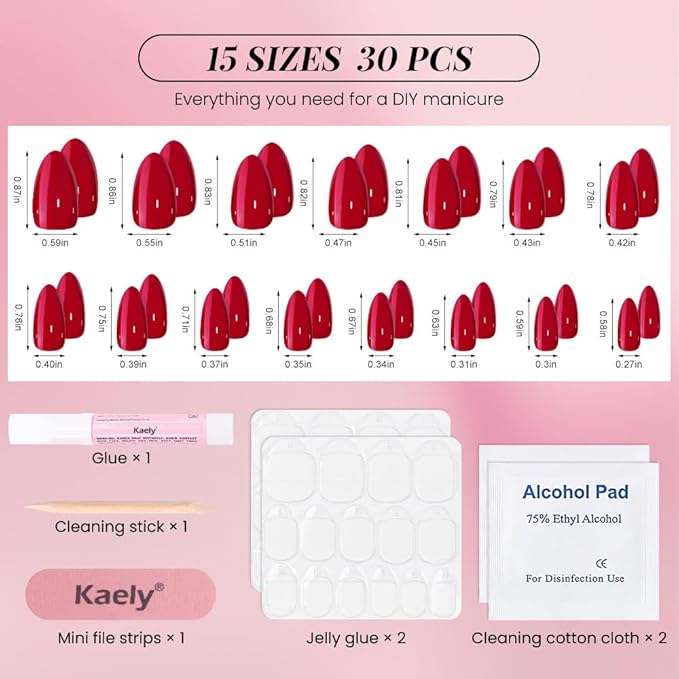 evpct Glossy Press on Nails Short Almond Short for Women, Ruby Red Fake Nail with Glue Salon Quality Reusable Stick on Nails In 15 Sizes 30Pcs Full Cover False Nail Soft Gel Set Kit for Gift, 14