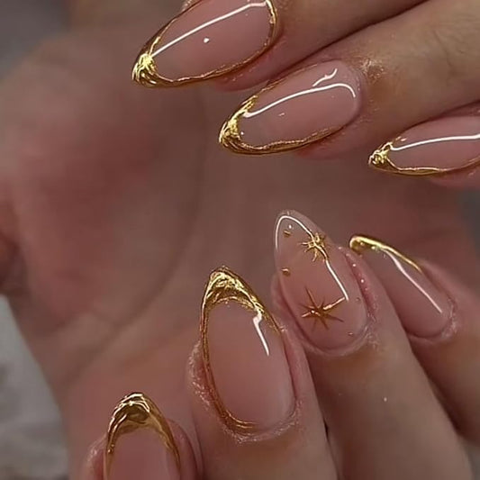 Gold French Tip Press On Nails Medium Almond, 3D Line Star French Tip Sticke On Nails, Designer Reusable Acrylic Nail Press Ons, Fake Nail With Glue On Nails, Daily Wea False Nail For Women