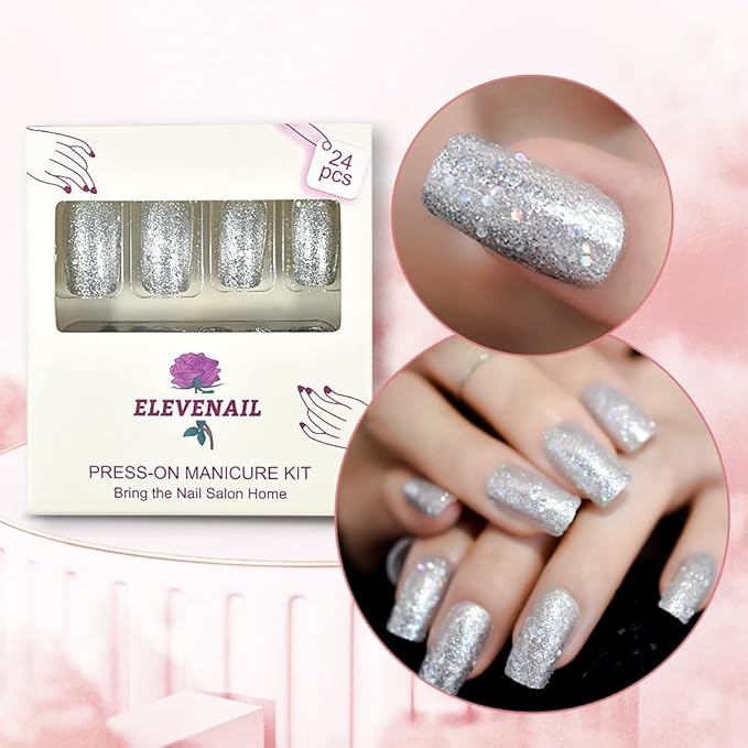 Pretty Full Cover Silver White Bling Glitter Press on False Nails Medium Long Square Salon DIY Manicure Reusable Fake Acrylic Nail Art Tips with Jelly Adhesive Tabs Nail File