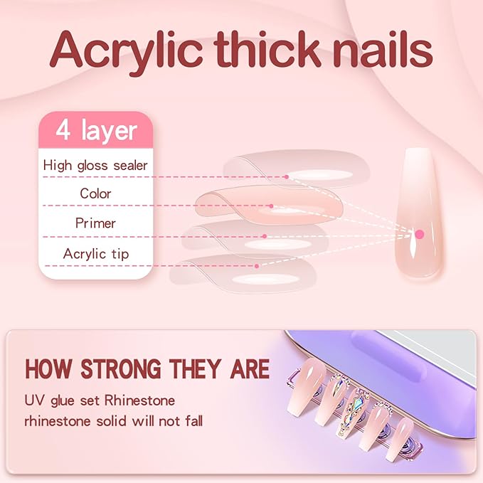 Yivaiks Ballerina Press-on Nails, 24pcs Glossy Acrylic Fake Nails with Glue, Extra Pink Long Coffin 3D Rhinestones Design for Women