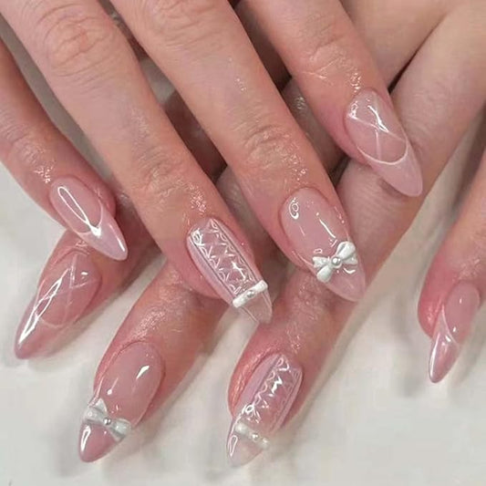 Press on Nails Medium Long Pearl Pink Fake Nails Almond Glossy 3D False Nail Tips Artificial Nails French Finger Manicure for Women and Girls-24pcs