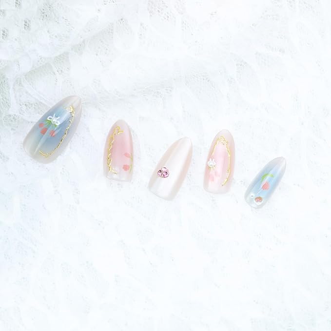24pcs Pink Press on Nails Short Almond Fake Nails with Pearl Rhinestones Designs Flower False Nails Gold Line Stick on Nails Bow Acrylic Nails Summer Floral Full Cover Glue on Nails for Women