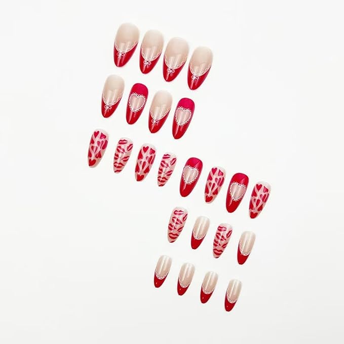 Red Press on Nails Heart Fake Nails French Tip Glue on Nail with Lip Print Design Reusable Glossy Full Cover Stick on Nail for Women Manicure 24Pcs
