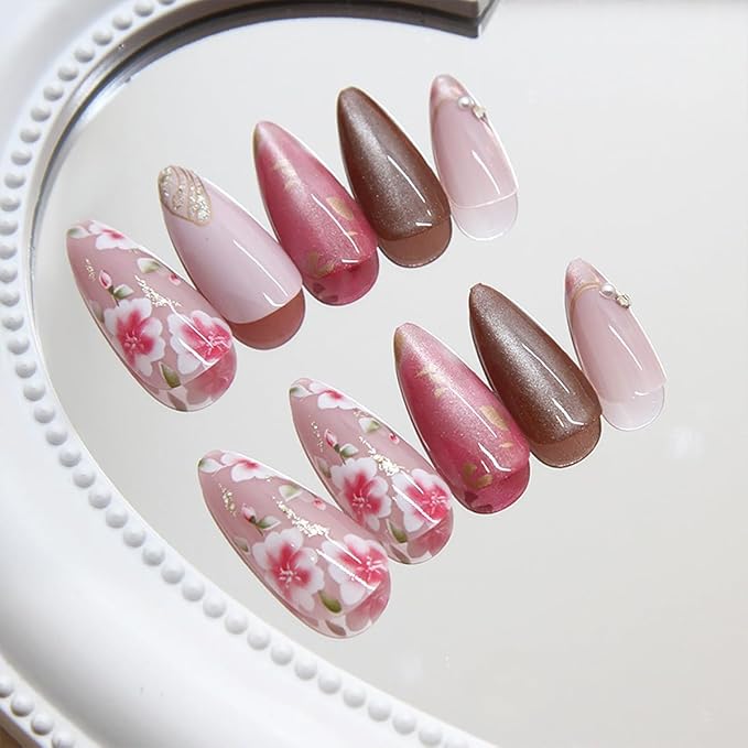 24Pcs Cherry Blossom Press on Nails Medium Almond French Tip Fake Nails with Gilding Pearl Design Pink Flower False Nails Full Cover Artificial Glue on Nails Cute Stick on Nails for Women Spring Nail