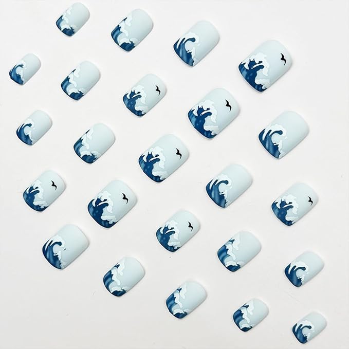 Short Press on Nails Square Fake Nails Blue False Nails Summer Nail Wave Glossy Full Cover Acrylic Nails Glue on Nail Artificial for Women Manicure 24Pcs