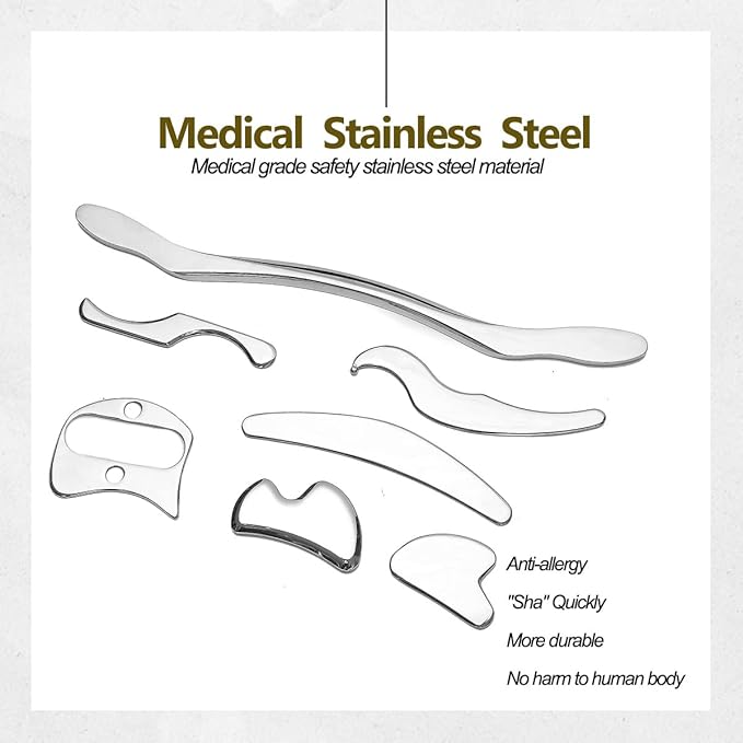 FeelFree Sport Stainless Steel Gua Sha Scraping Massage Tool Set of 7 Pieces for Soft Tissue Mobilization Physical Therapy(Silver)