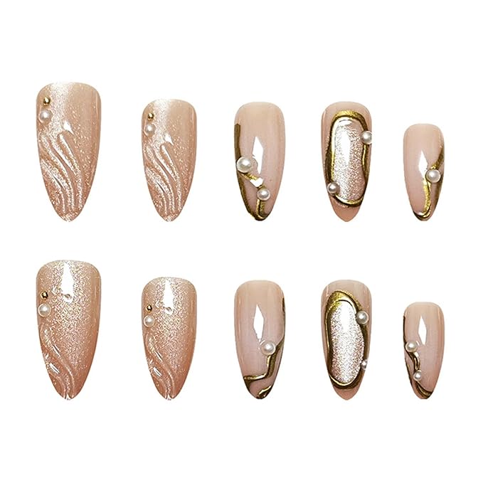 Press on Nails Almond Fake Nails Cat Eye False Nails with Gold Line Design Nude Glue on Nails Press ons Medium 3D Acrylic Nail Glossy Full Cover Stick on Nail for Women Manicure 24Pcs