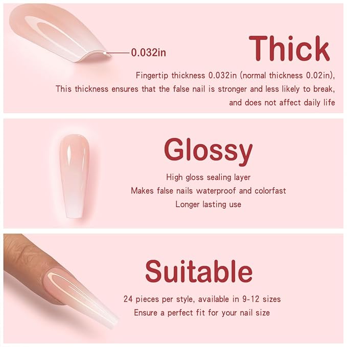 Yivaiks Press-on Nails, 24pcs Ballerina Bling Acrylic Nails Kit, Rhinestones Coffin Nails with Designs, Full Cover Artificial Nails, 12 Sizes, Ideal for Occasions, Gifts, Temporary Use