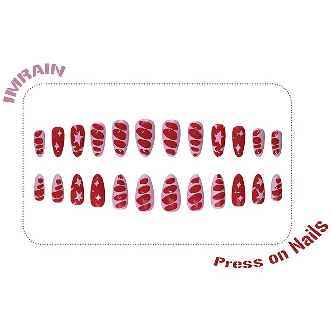 IMRAIN Medium Press on Nails Almond Fake Nails Red Pink False Nails with Star Designs Glossy Full Cover Acrylic Stick on Nails for Women Girls 24Pcs