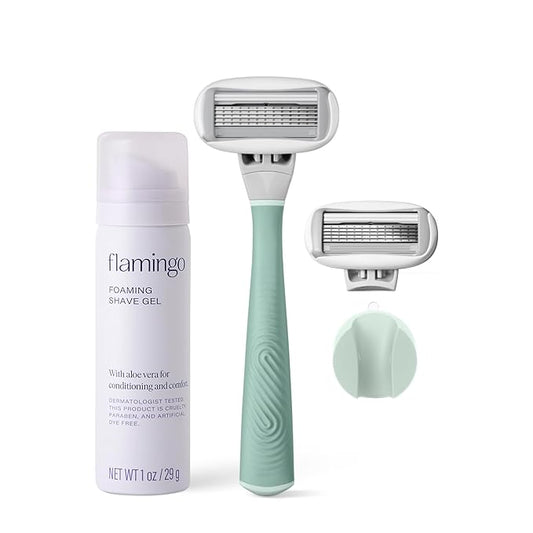 Flamingo Razors for Women Shave Set, 1 Women's Razor Handle (Sage), 2 Razor Five-Blade Refills, 1 oz. Foaming Shave Gel, and 1 Shower Holder