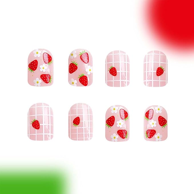 Square Press On Nails Short Fake Nails Strawberry With Flower Plaid Design Spring False Nails Acrylic Artificial Glue On Nails Full Cover Stick On Nails For Women Manicure Art 24pcs