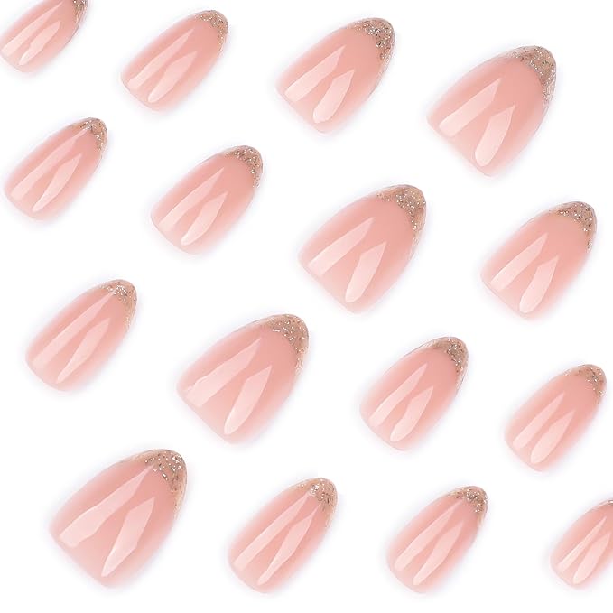 Press On Nails Spring Acrylic Nails for Women - Gold French Glitter Designer Fake Nails Short Almond 24PCS, Glossy Soft Gel with Glue, Outdoor Picnic/Wedding/Party Reusable Stick On Nails