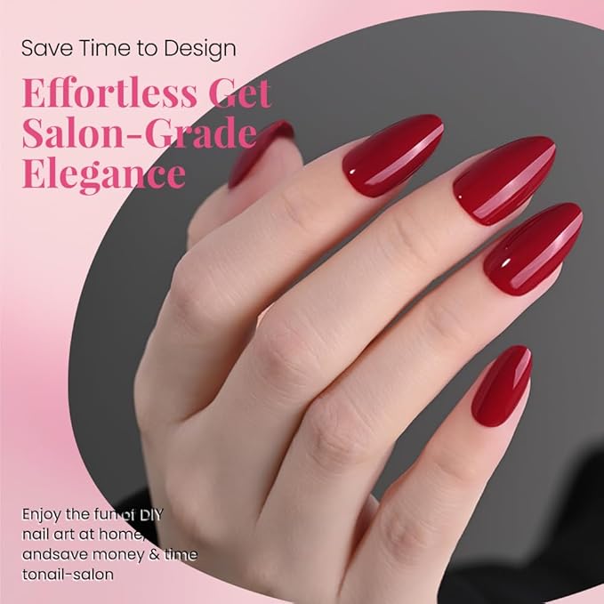 evpct Glossy Press on Nails Short Almond Short for Women, Dark Red Fake Nail with Glue Salon Quality Reusable Stick on Nails In 15 Sizes 30Pcs Full Cover False Nail Soft Gel Set Kit for Gift, 27