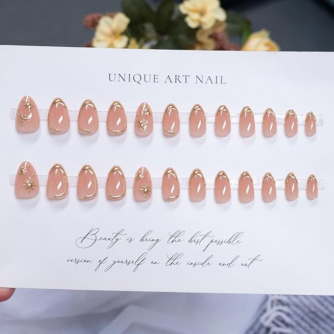 Gold Press on Nails Medium Almond Fake Nails Gold Line Design Stick on Nails French Tip False Nails Handmade Artificial Acrylic Glue On Nail for Women Nail Art Decoration 24Pcs