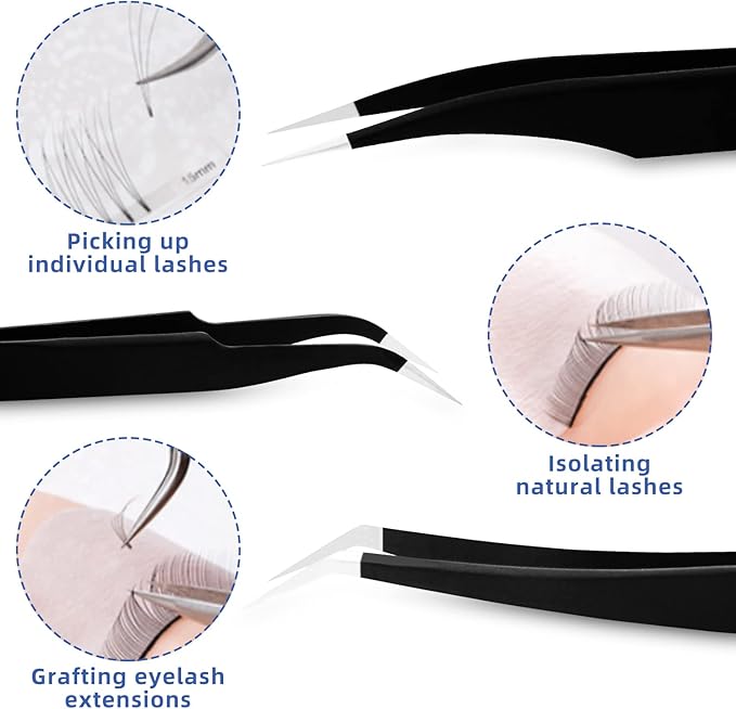 HengTianMei 8Pcs lash tweezers 3 Stainless Straight and 3 Curved Tip Eyelash Tweezers, With 2 Slant Pointed Precision Eyebrows Tweezers for eyelash extensions, Facial Hair, and Ingrown Hair Removal