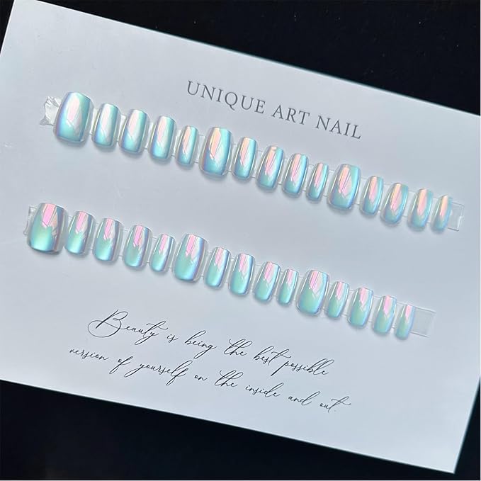 Chrome Press on Nails Short Square Fake Nails Metal Mirror Designs Glossy Acrylic Nails Blue Squoval Press ons Ombre Glue on Nails Stick on Nails for Women Girls Manicure 24 Pcs, Style 28