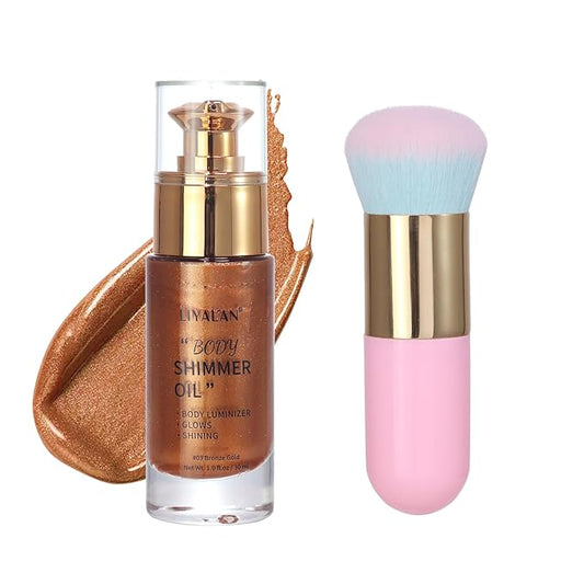 Liyalan Shimmer Body Oil 5 Color Options 1.0 fl.oz Face Glow Pearl Highlighter Illuminator Long-Lasting Shine Glitter Liquid Tanning with Makeup Brush Included (#03 Bronze Gold)