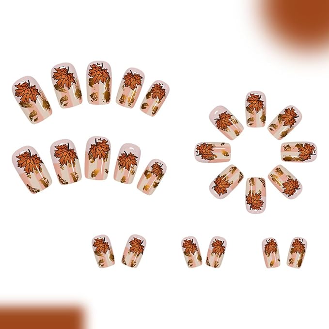 24Pcs Fall Press on Nails Medium Square Fake Nails with Maple Leaves Designs Stripe Gold Foil Maple Leaf False Nail Glossy Full Cover Acrylic Stick on Nails for Women Thanksgiving Nail Art Decorations