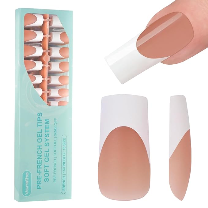 Vansiho French Gel Nail Tips - 150Pcs Long Square Brown Tips, 3 in 1 Pre-French Tips for Nail Art DIY 15 Sizes