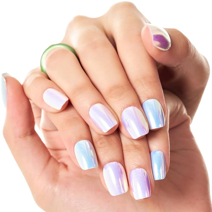 GLAMERMAID Press on Nails Extra Short Square, Purple Blue Chrome Spring Summer Handmade Gel Glue on Nails, Glossy Fake Nails Reusable Acrylic False Nails Manicure Kits for Women