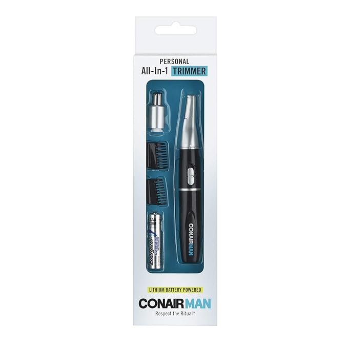 ConairMAN All-in-One Personal Trimmer for Men, for Nose, Ear, Eyebrows and Sideburns Hair Trimmer, 4 piece Men's Grooming Kit, Lithium Battery-Powered