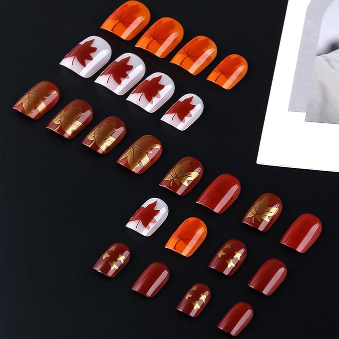 Red Maple Leaf Press on Nails 24Pcs Glossy Gold Glitter Acrylic Fake Nail Thanksgiving Short Square False Nails Fall Leaves Stick on Fingernails Autumn Gel Glue on Nail for Coquette Women Girls