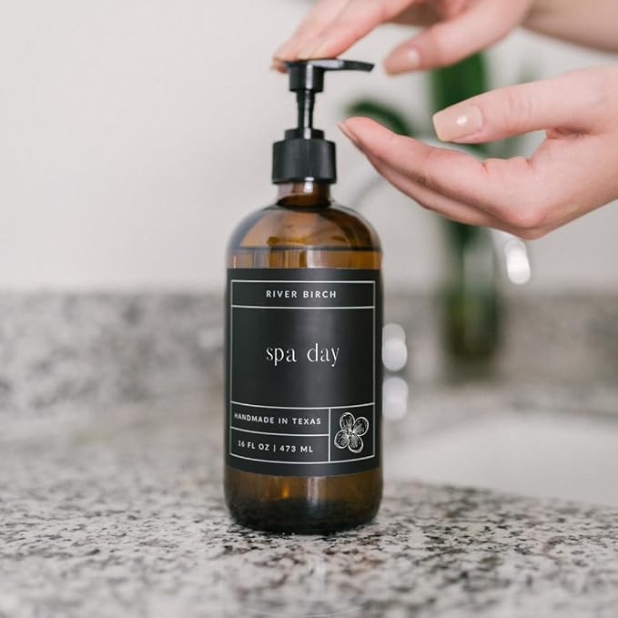 River Birch Spa Day Scented Natural Hand Soap - Handmade Soap - Moisturizing Hand Wash with Amber Glass Dispenser - Luxury Scented Hydrating Hand Soap - Vegan and Non-Toxic - 16 Fl Oz