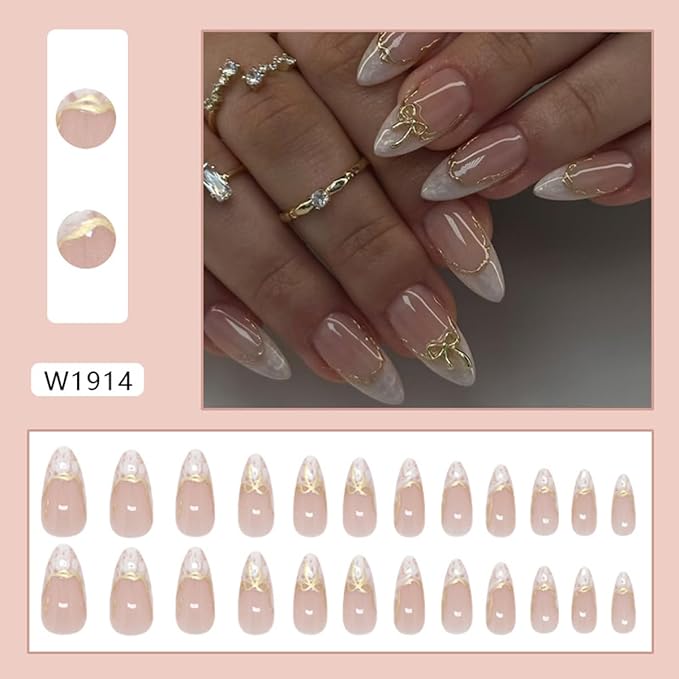 White French Tip Press on Nails Short Almond Fake Nails 3D Gold Chrome Bow Designs Glossy French False Nails Full Cover Acrylic Stick on Nails Artificial Glue on Nails for Women 24 Pcs