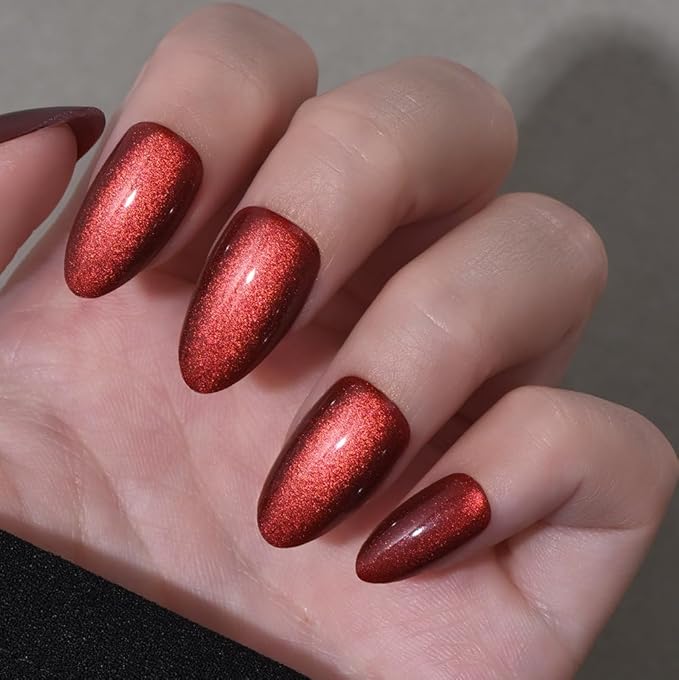 evpct Dark Red Press on Nails Almond Short, Dark Cherry Red Cat Eye Glitter Press on Nails for Women Gift, Soft Gel Press Glue On Nail with Nail Glue, Full Cover, 30Pcs Reusable Acrylic Fake Nails Kit
