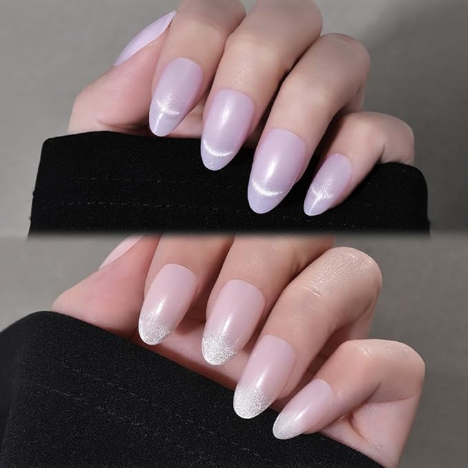 Cat Eye Press on Nails Short Almond - Light Purple & Nude Pink Shimmer Glossy French Tip Press on Nails for Gift, Soft Gel Press Glue On Nail with Nail Glue, Full Cover Reusable Acrylic Fake Nails Kit