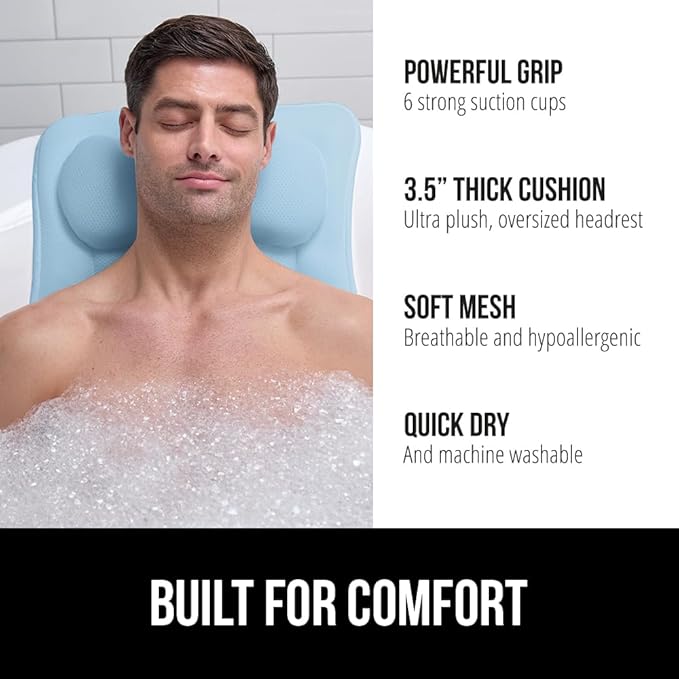 GORILLA GRIP Mesh Bath Pillow for Tub, 6 Powerful Suction Cups, Oversized Headrest with Breathable FlexComfort Technology for Neck, Head, Back Support, Luxury Machine Washable Bathtub Must Haves, Blue