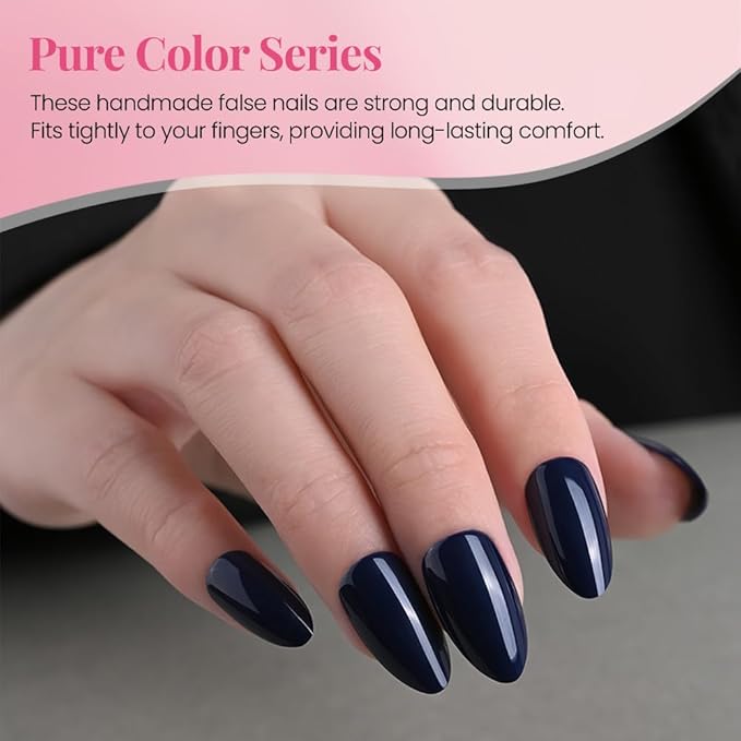evpct Glossy Press on Nails Short Almond Short for Women, Dark Blue Fake Nail with Glue Salon Quality Reusable Stick on Nails In 15 Sizes 30Pcs Full Cover False Nail Soft Gel Set Kit for Gift, 26
