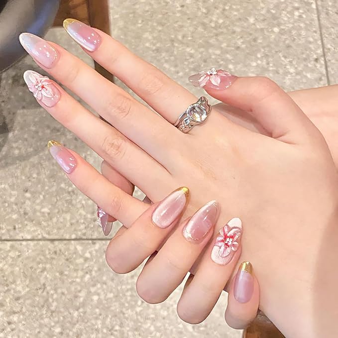 Handmade Press on Nails Medium Almond Fake Nails Gold French Tip False Nails with 3D Flower Design Silver Rhinestones Stick on Nails Pink Artificial Nail Full Cover Glue on Nails for Women DIY 10Pcs