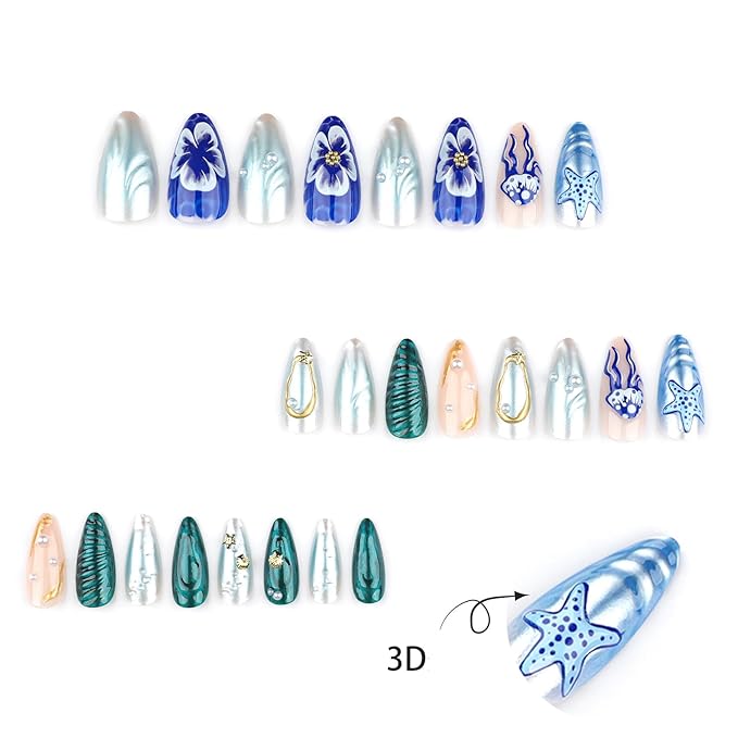 24Pcs Ocean Press on Nails Medium Almond Fake Nails with 3D Pearl Gold Shell Starfish Design Colorful Marine Life Summer False Nails Blue Gradient Acrylic Glossy Glue on Nails for Women Nails