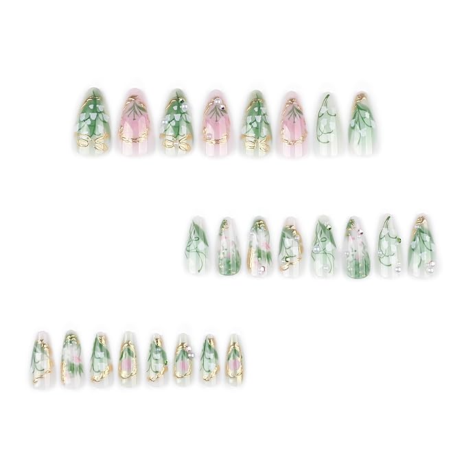 Green Press on Nails Medium Almond Fake Nails with 3D Pearl Rhinestones Designs Gold French Tips Flower Acrylic Nails False Nails White Floral Full Cover Glossy Stick on Nails for Women 24Pcs