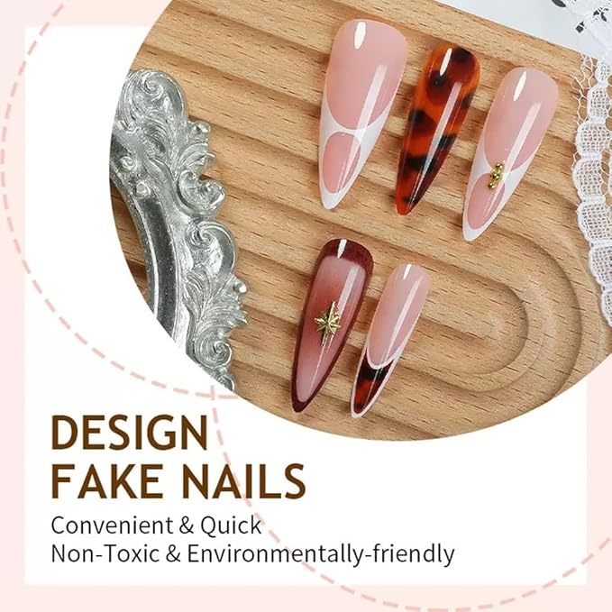 Stiletto Press on Nails Long Fake Nails French Tip with Brown Ombre Gold Starburst Design Glue on Glossy Acrylic Full Cover Stick on False Nails for Women 24 Pcs