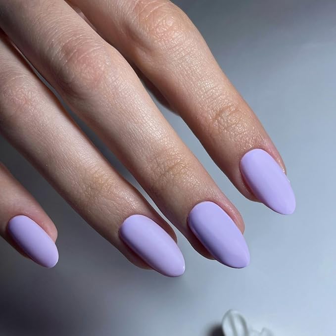 Matte Lilac Press on Nails Short Almond Fake Nails Press ons, Thick Solid Color Glue on Nails Short False Nails, Medium Almond Nails Oval Round Shaped Nails for Women, Natural Acrylic Gel Nails