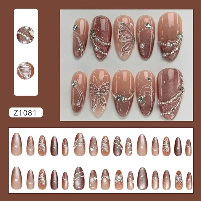 Almond Press on Nails Medium Fake Nails Sparkly Glue on Nails Full Cover Gem False Nails with Butterfly Rhinestones Design Pink Glossy Acrylic Nail for Women Manicure Supplies 24Pcs